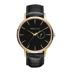 שעון גברים ורסאי Versaille 992635-3 – זהב רצועת עור חומה לוח שחור, תאריך מחוג קטן