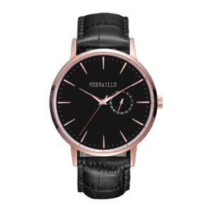 שעון גברים ורסאי Versaille 992635-4 – זהב אדום רצועת עור שחורה לוח שחור, תאריך מחוג קטן
